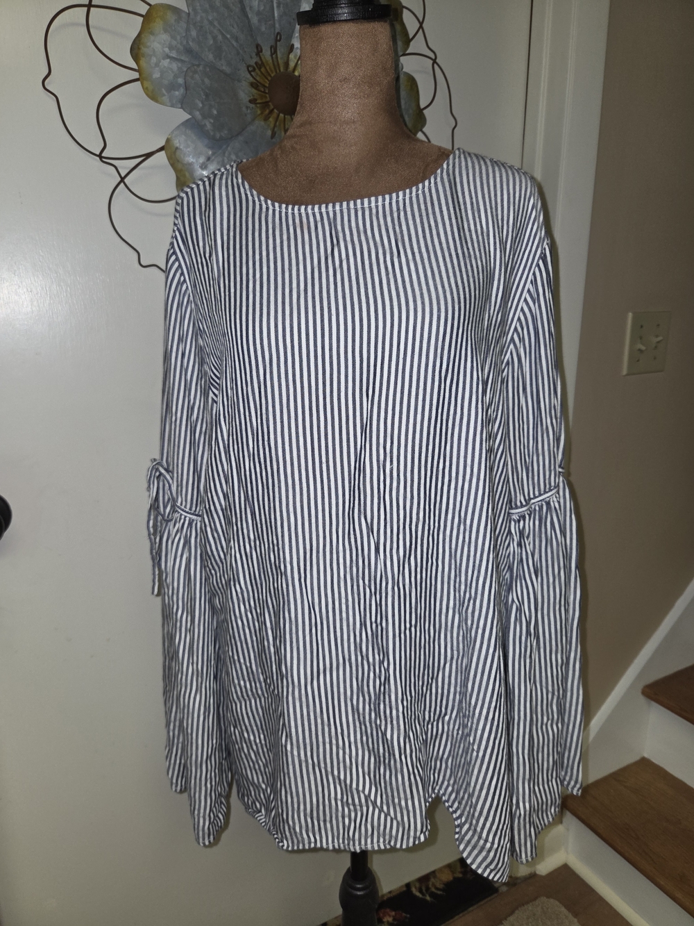 beachlunchlounge Navy and White Striped Tie-Sleeve Blouse
